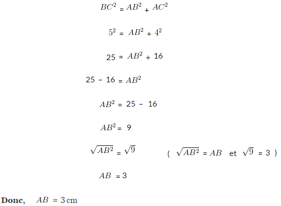 corrigé exercice 2 application du théorème de Pythagore pour Calculer une longueur dans un triangle rectangle 