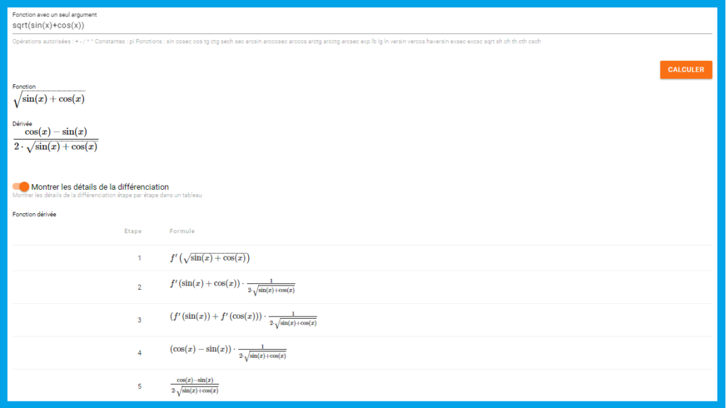 Calculateur de Dérivée en Ligne - Calcul Fonction Dérivée - Piger-lesmaths